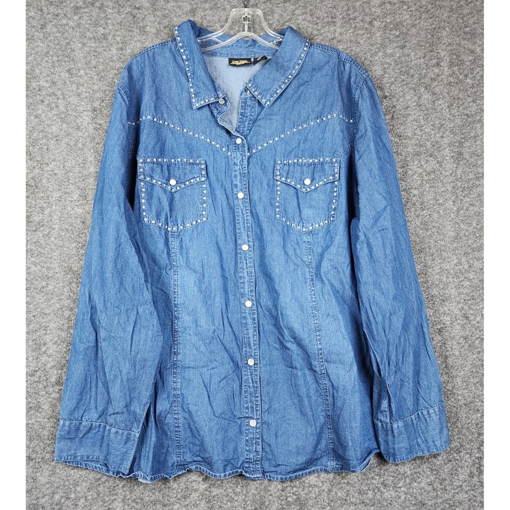 Sara Studio Denim Shirt Women 2X Blue Rhinestone Embellished Western Snap Front